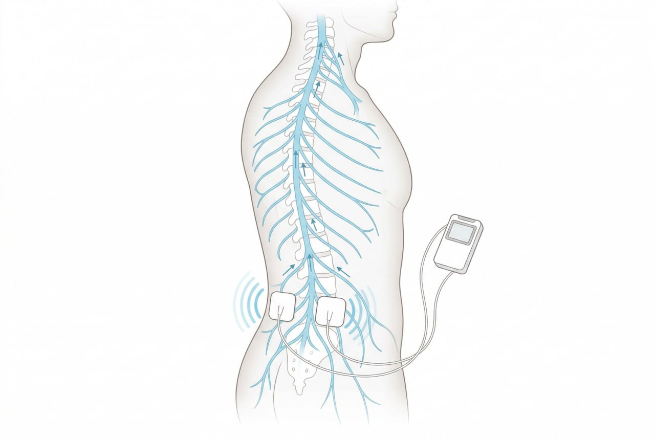 Medical diagram showing TENS electrical impulses traveling through nerve pathways