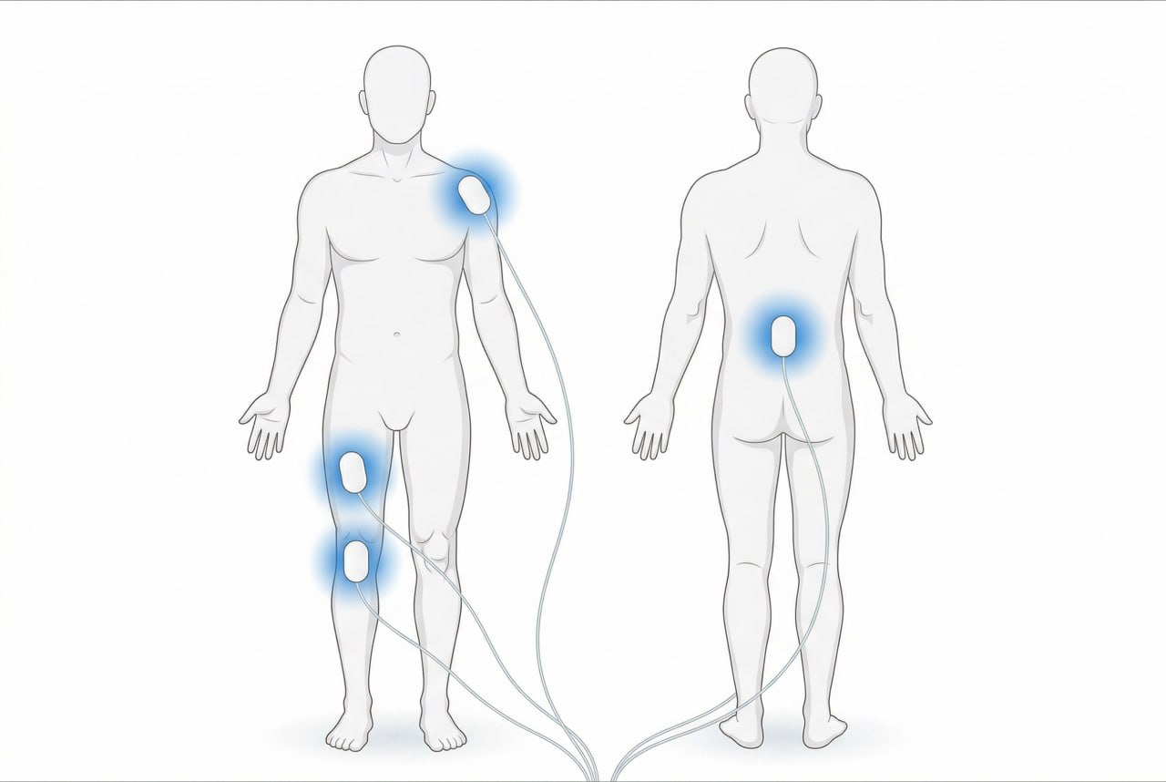 Educational diagram of proper TENS electrode pad placement on lower back, shoulder, knee, and thigh