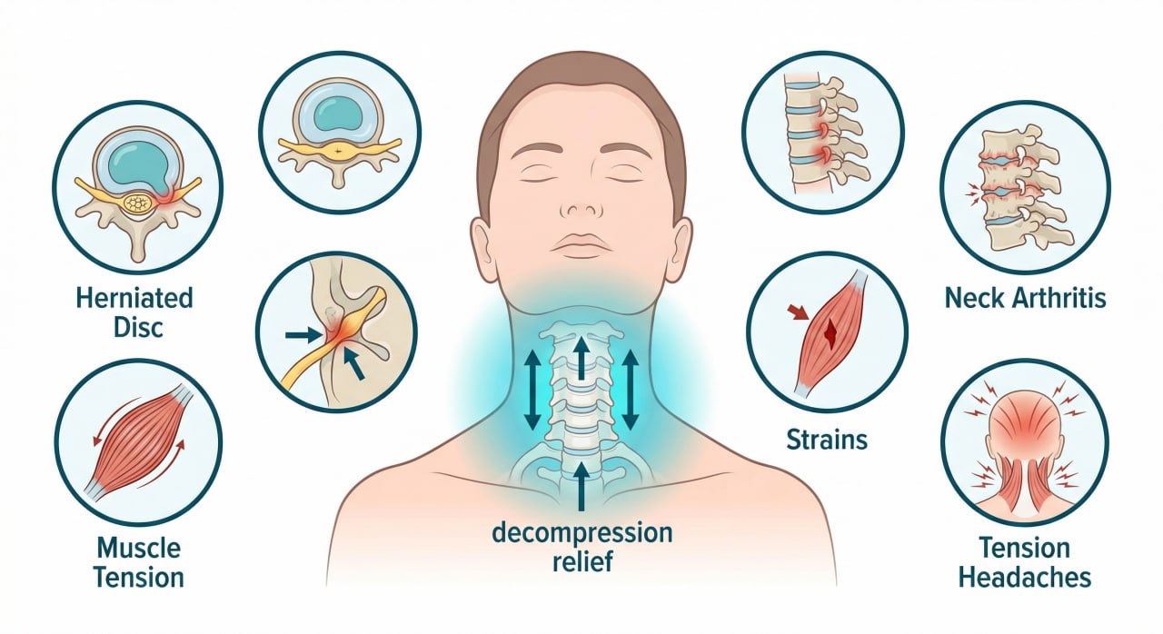 Medical illustration showing conditions treated by cervical traction