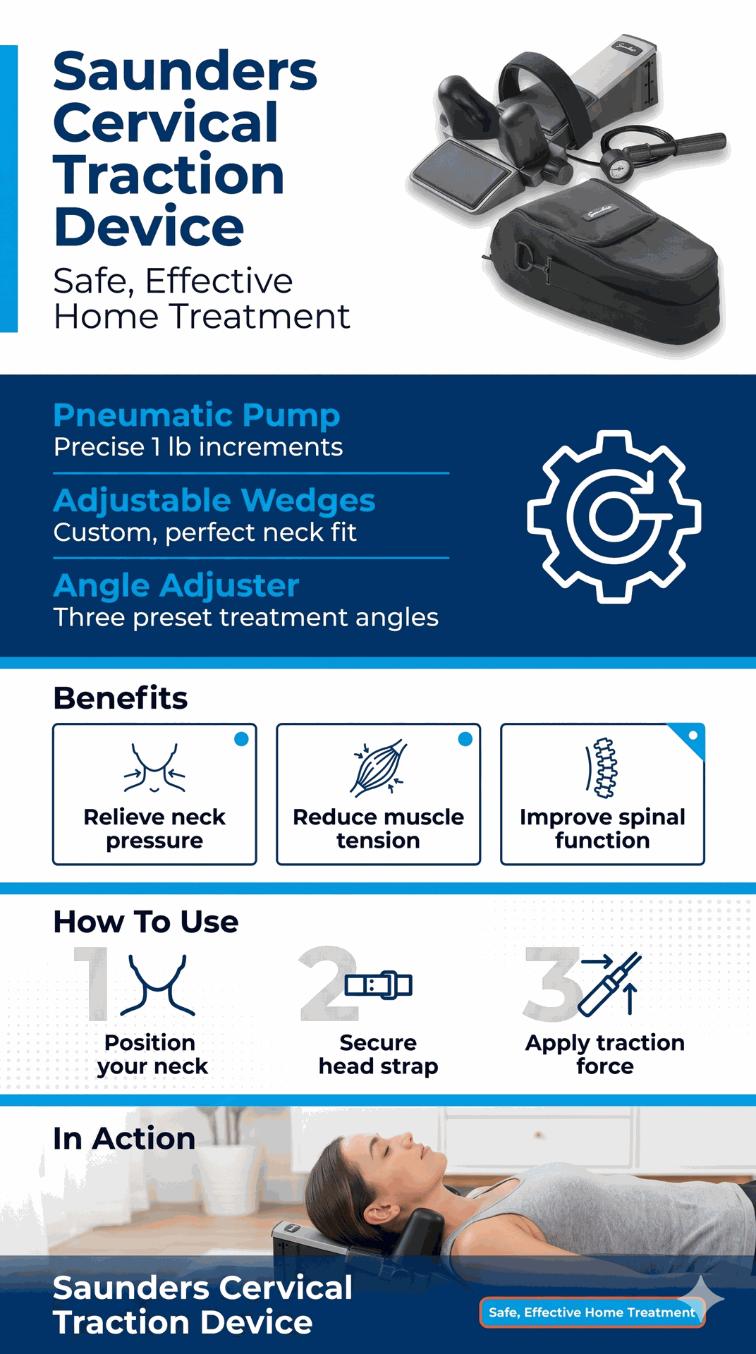 Saunders Cervical Traction Device infographic showing features and benefits