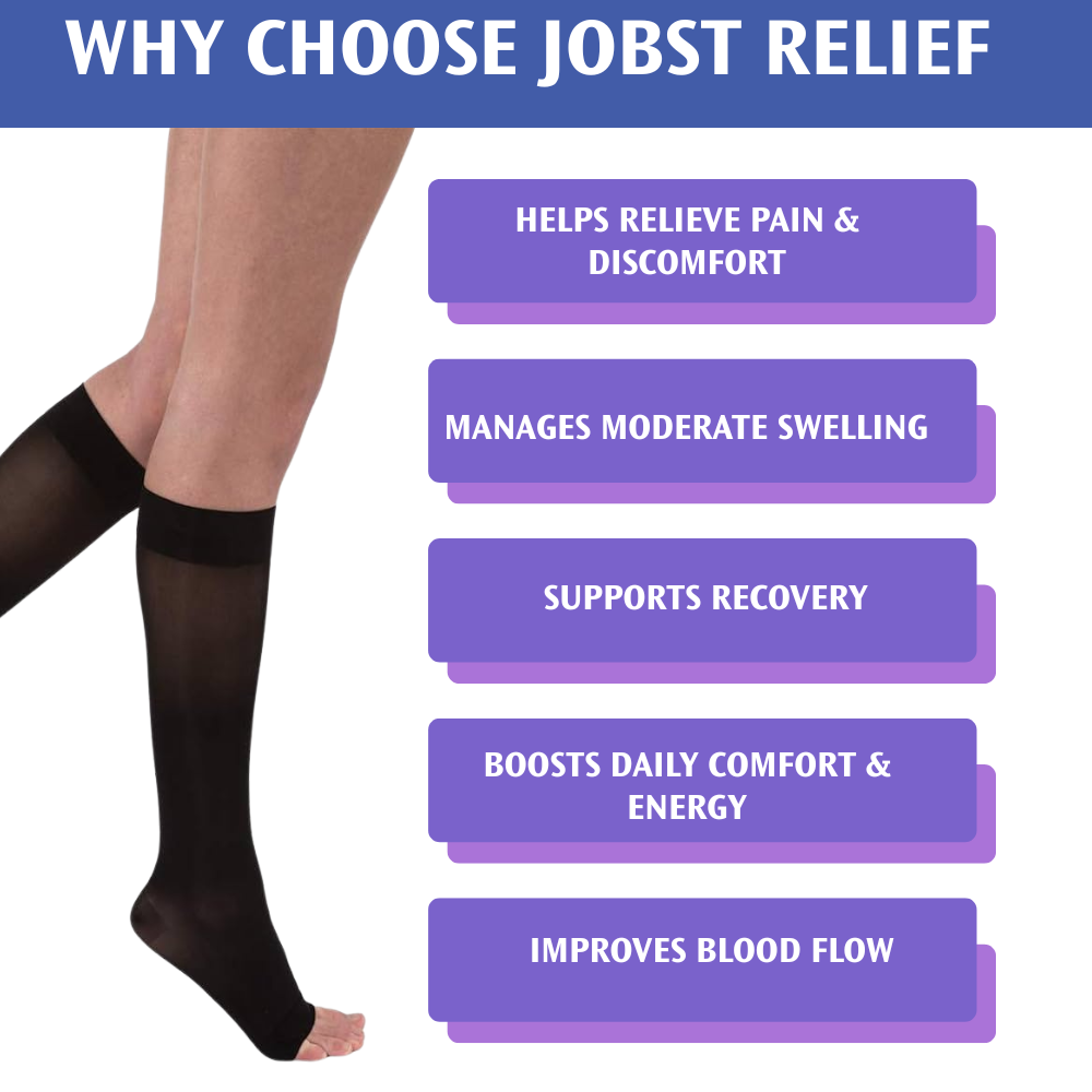 JOBST Relief Compression Knee High 20-30 mmHg Open Toe Stocking - Black - Comfortable Knee High Compression for Daily Leg Support