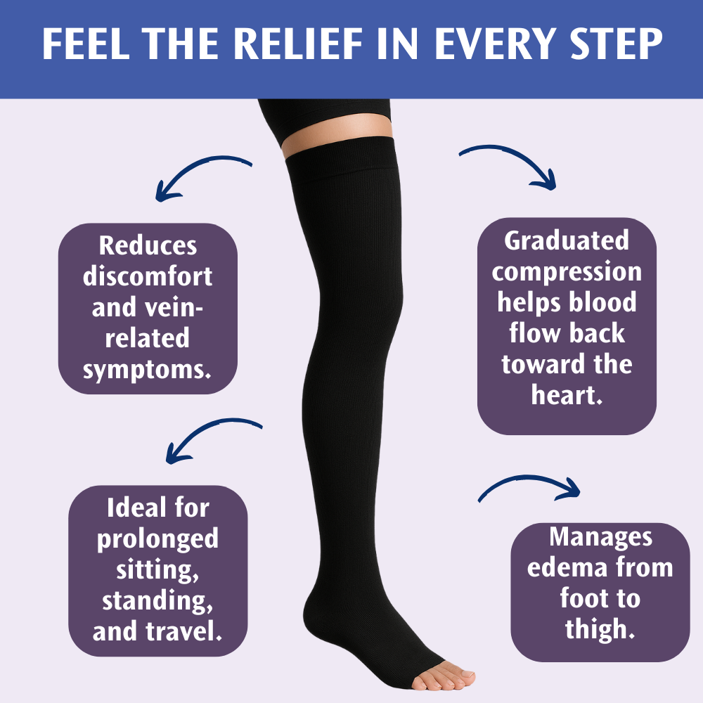 JOBST Relief Thigh High Open Toe Compression Stockings with Silicone - Black - Thigh High Compression with Secure Silicone Grip