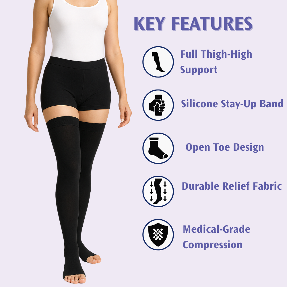 JOBST Relief Thigh High Open Toe Compression Stockings with Silicone - Black - Thigh High Compression with Secure Silicone Grip