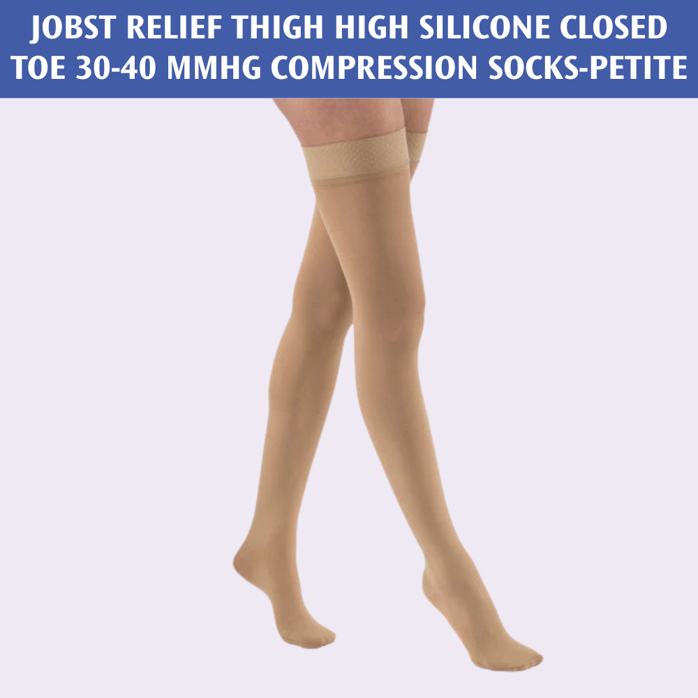 JOBST Relief Thigh High Silicone Closed Toe 30-40 mmHg Compression Socks-Petite - Firm Support for Daily Leg Relief