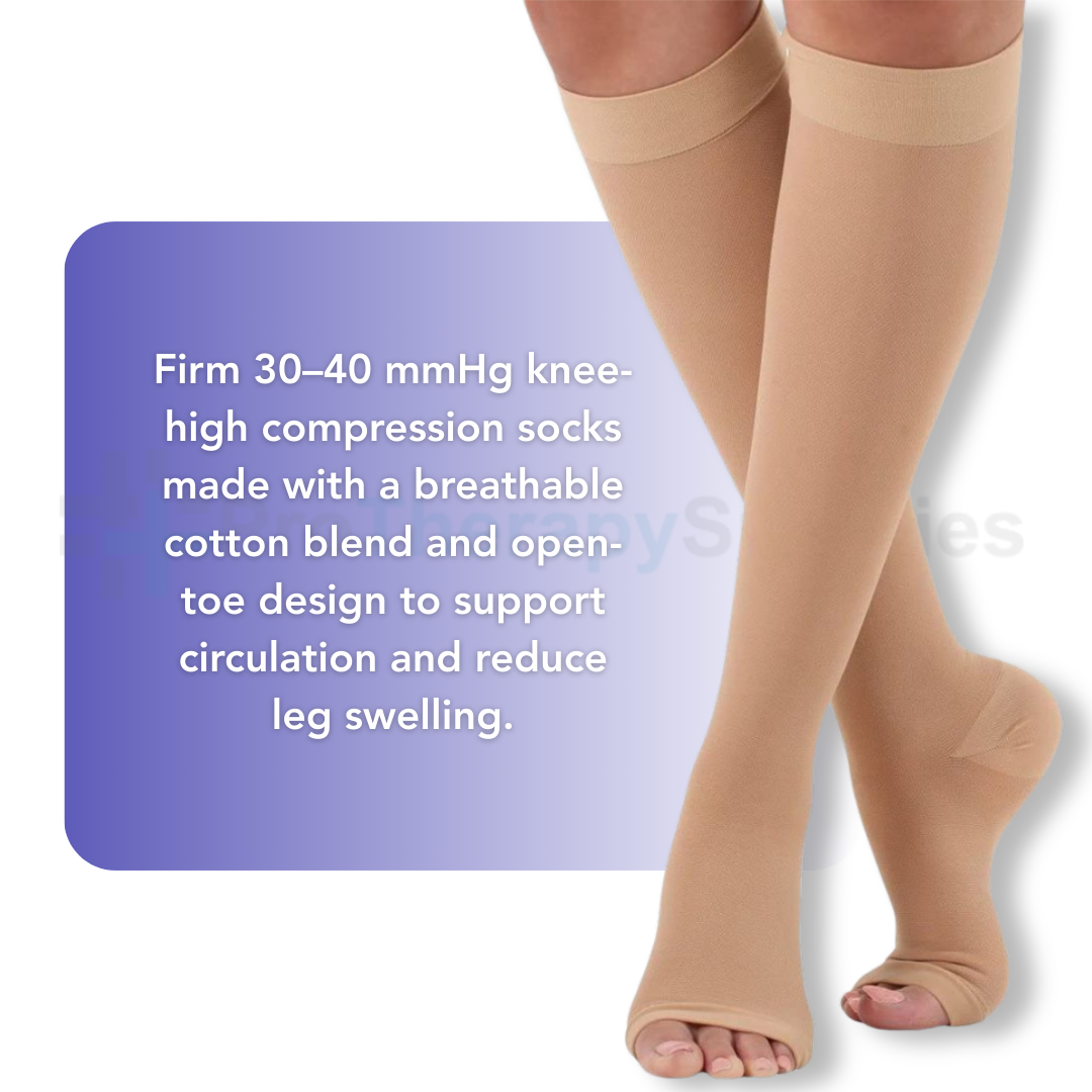 SIGVARIS Women's Essential Cotton 230 Open Toe Knee High 30-40mmHg - Beige - Firm Compression for Daily Comfort and Support
