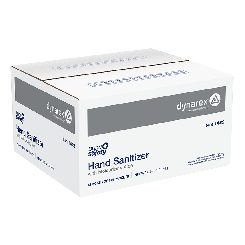 Dynarex Hand Sanitizer with Moisturizing Aloe - 0.9g Packet - 144 per box / 12 boxes per case