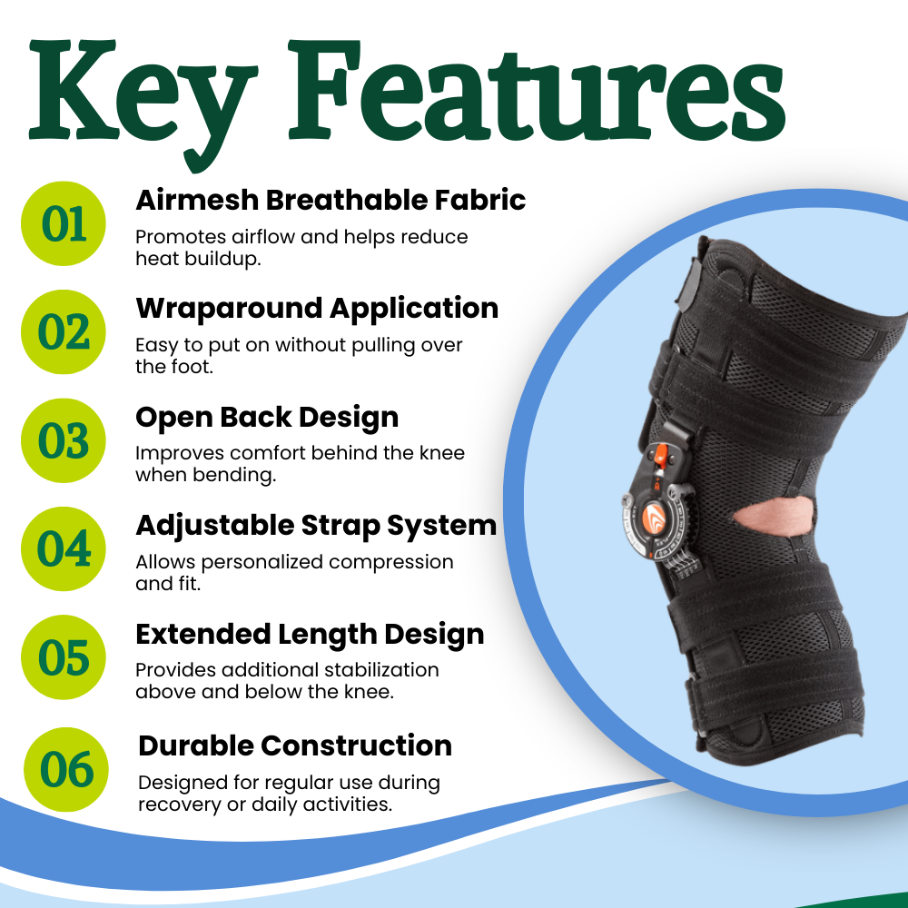 Breg Recover Knee Brace Airmesh Wraparound Open Back - Long for Adjustable Support and Everyday Stability