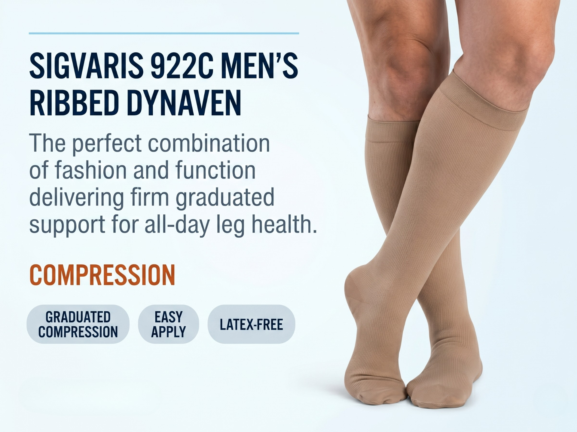 SIGVARIS Mens 922 DYNAVEN Closed Toe Calf Socks 20-30mmHg - Light Beige Crispa