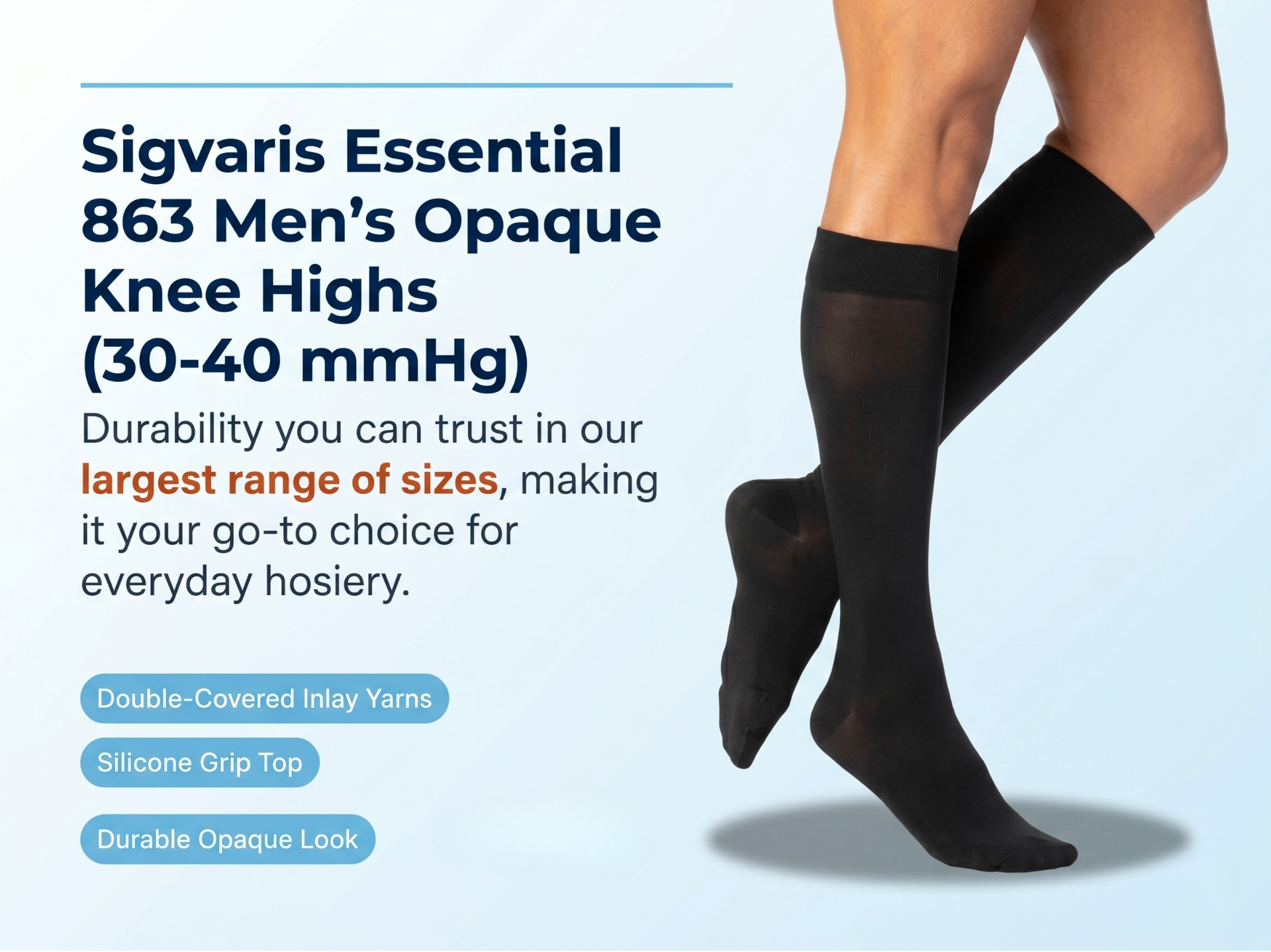 Sigvaris Mens Essential 863C Knee High Grip Top Closed Toe 30-40mmHg -  Stay Up Grip Top