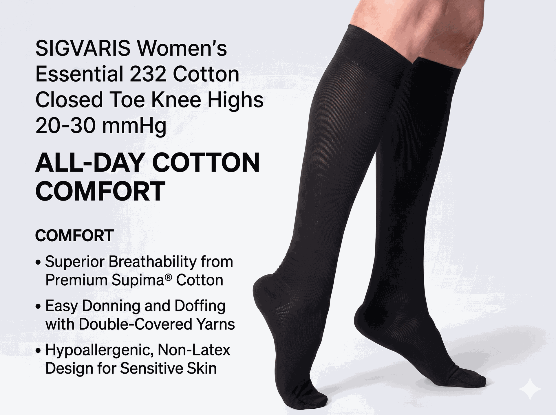 SIGVARIS Womens Essential 232 Cotton Closed Toe Knee Highs 20-30 mmHg - Comfortable Cotton Support for Daily Leg Relief