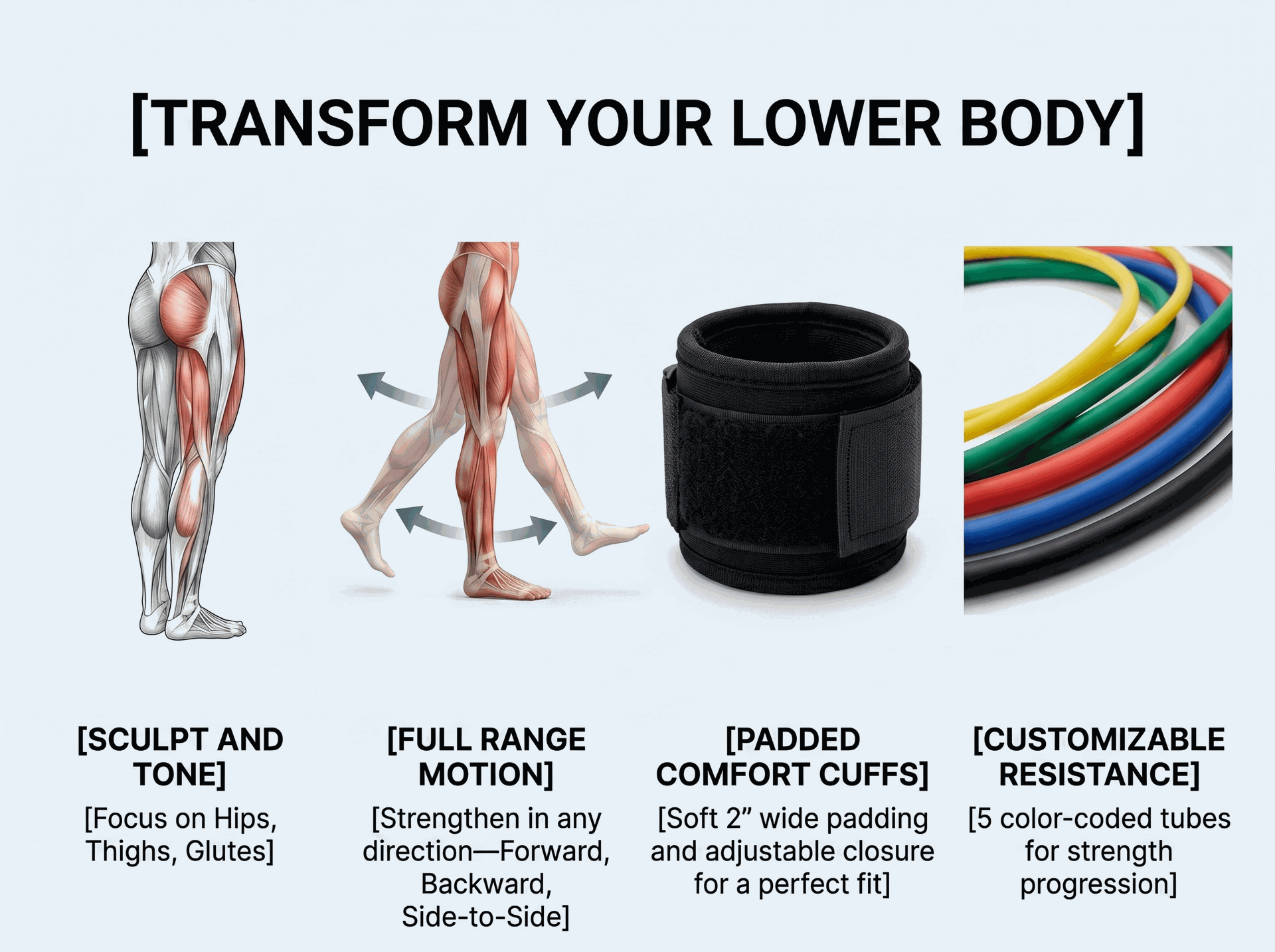 Body-Solid 5 Pack Ankle Cuff Resistance Tubes, includes BSTART1,2,3,4,5
