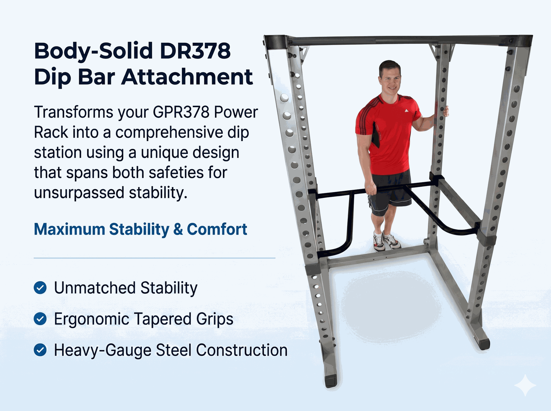 Body-Solid DR378 Dip Attachment for Power Rack - Enhance Your Strength Training with Adjustable Dip Bars