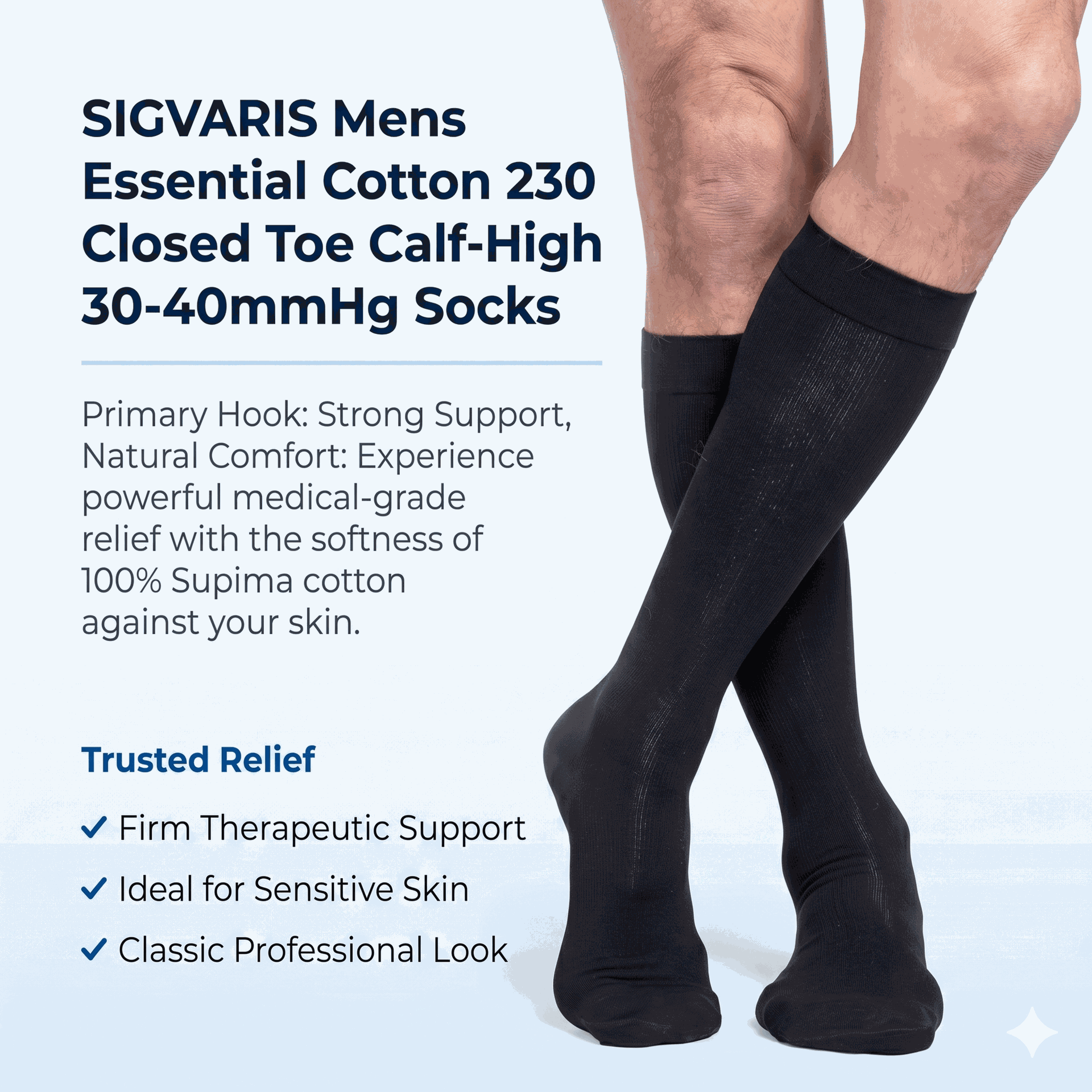 SIGVARIS Mens Essential Cotton 230 Closed Toe Calf-High 30-40mmHg Socks - Support for Tired Legs and Daily Movement