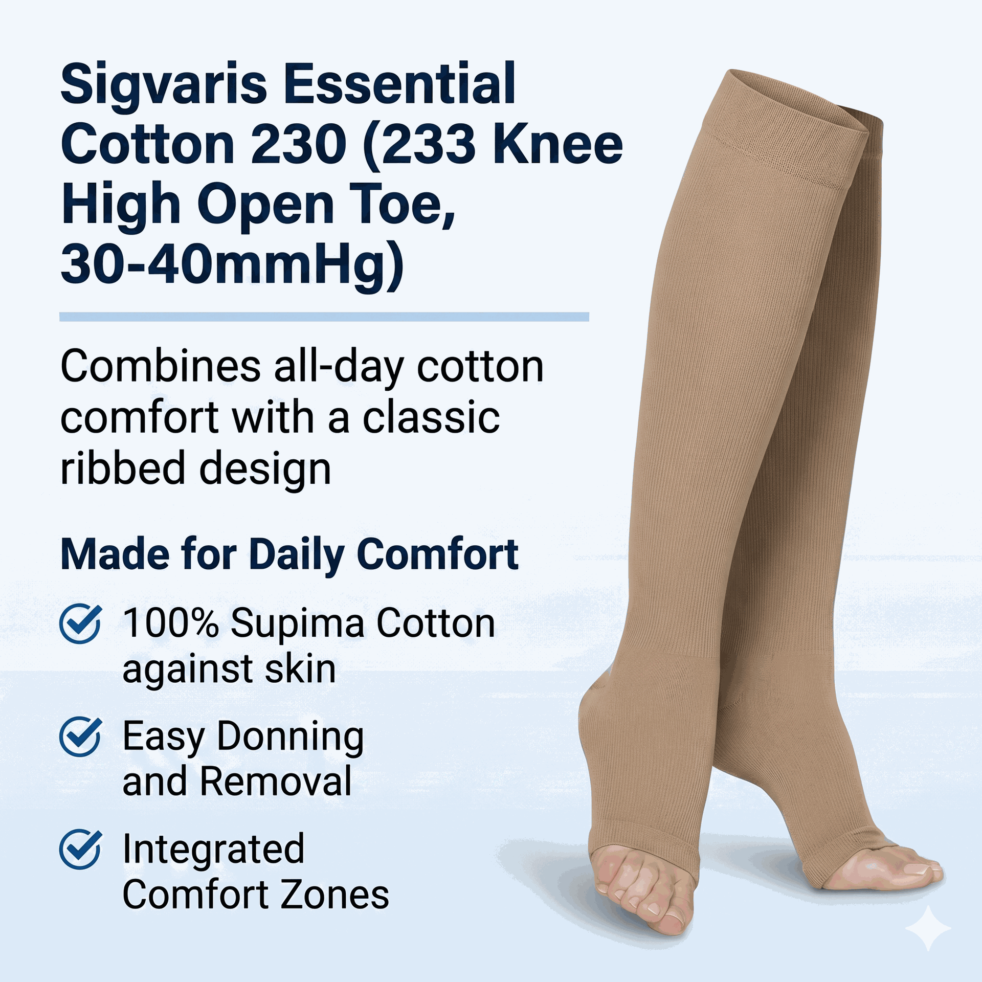 SIGVARIS Women's Essential Cotton 230 Open Toe Knee High 30-40mmHg - Beige - Firm Compression for Daily Comfort and Support