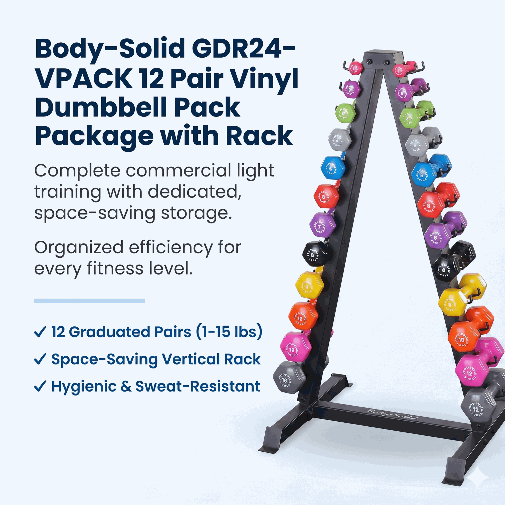 Body-Solid  GDR24-VPACK Vinyl Dumbbell Package, (12 Pair 1-15lbs)
