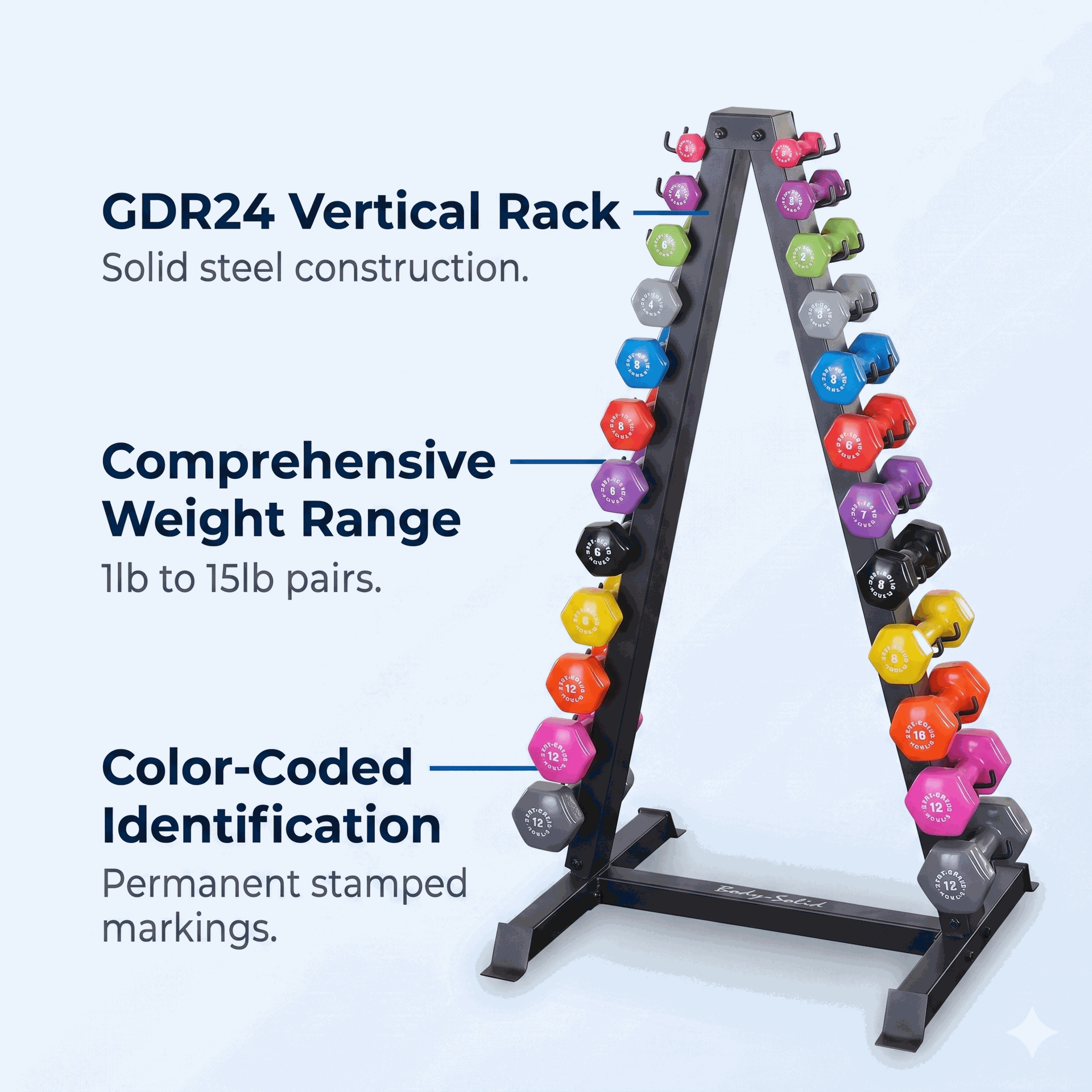 Body-Solid  GDR24-VPACK Vinyl Dumbbell Package, (12 Pair 1-15lbs)
