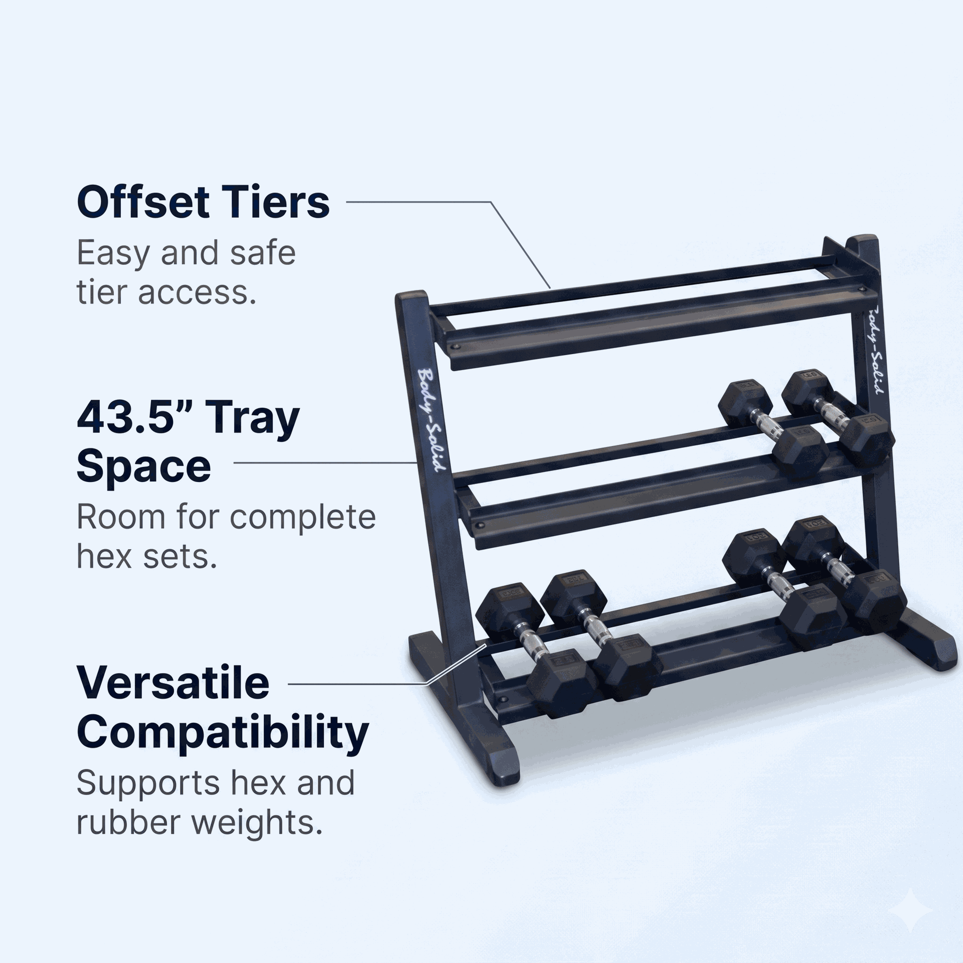 Body-Solid 3 Tier Horizontal 48" Dumbell Rack - BLACK