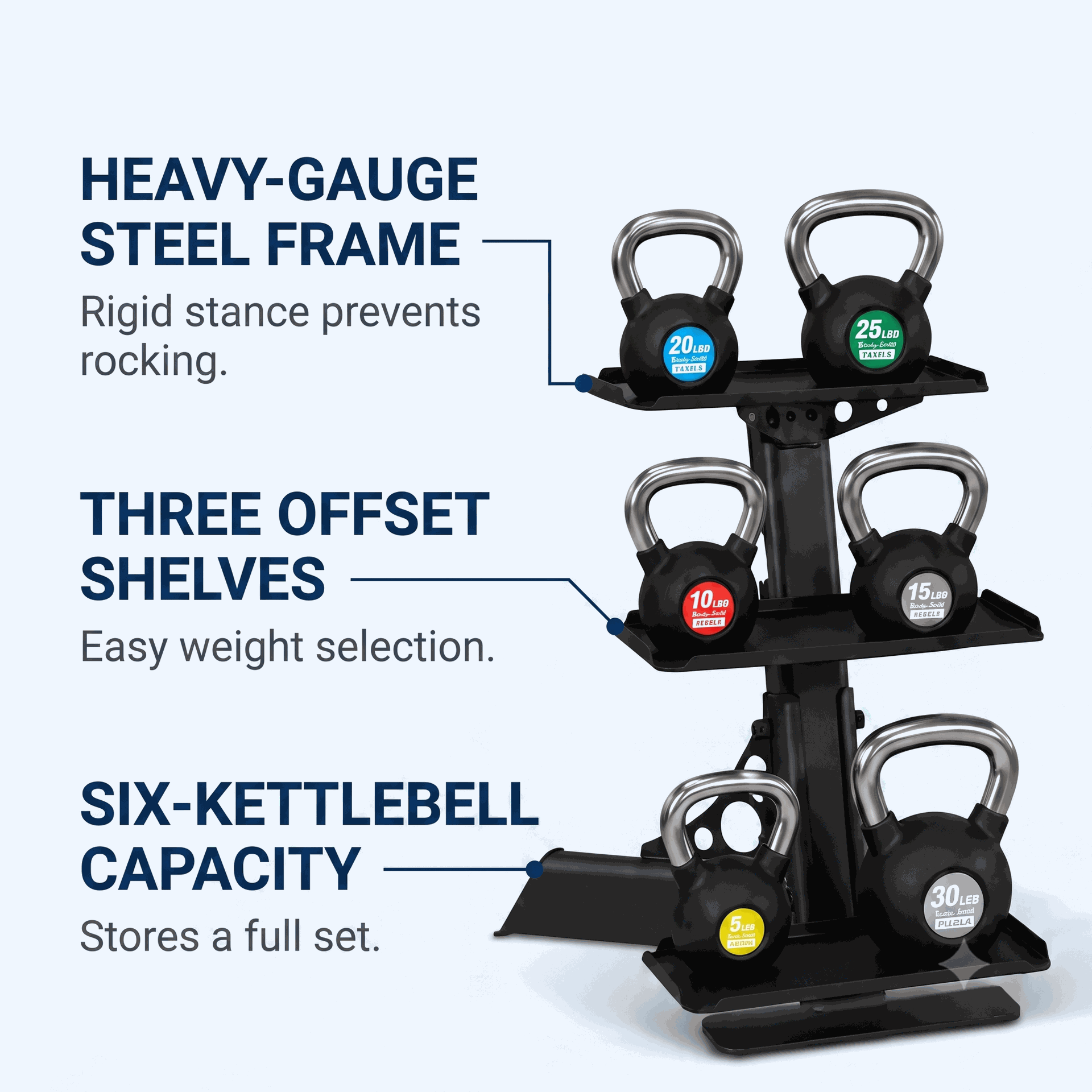 Body-Solid Chrome Handle, Rubberized Kettle Bell Set 5-30 Singles, w/ GDKR50B