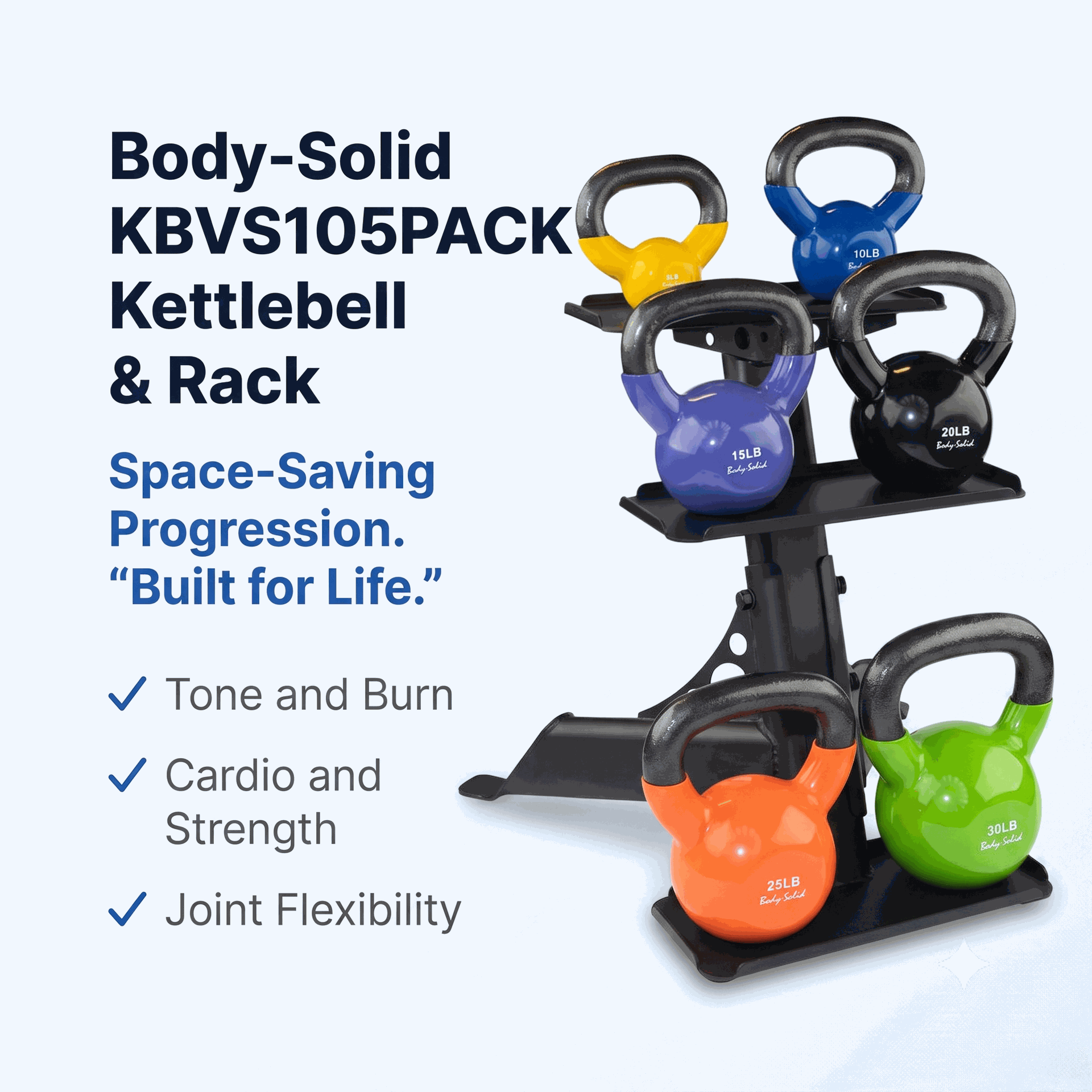 Body-Solid KBVS105PACK 5-30 lb. Vinyl Kettlebell with Rack