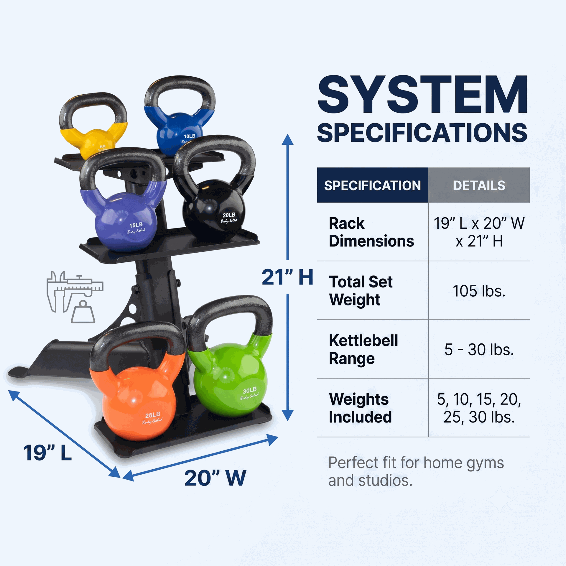 Body-Solid KBVS105PACK 5-30 lb. Vinyl Kettlebell with Rack