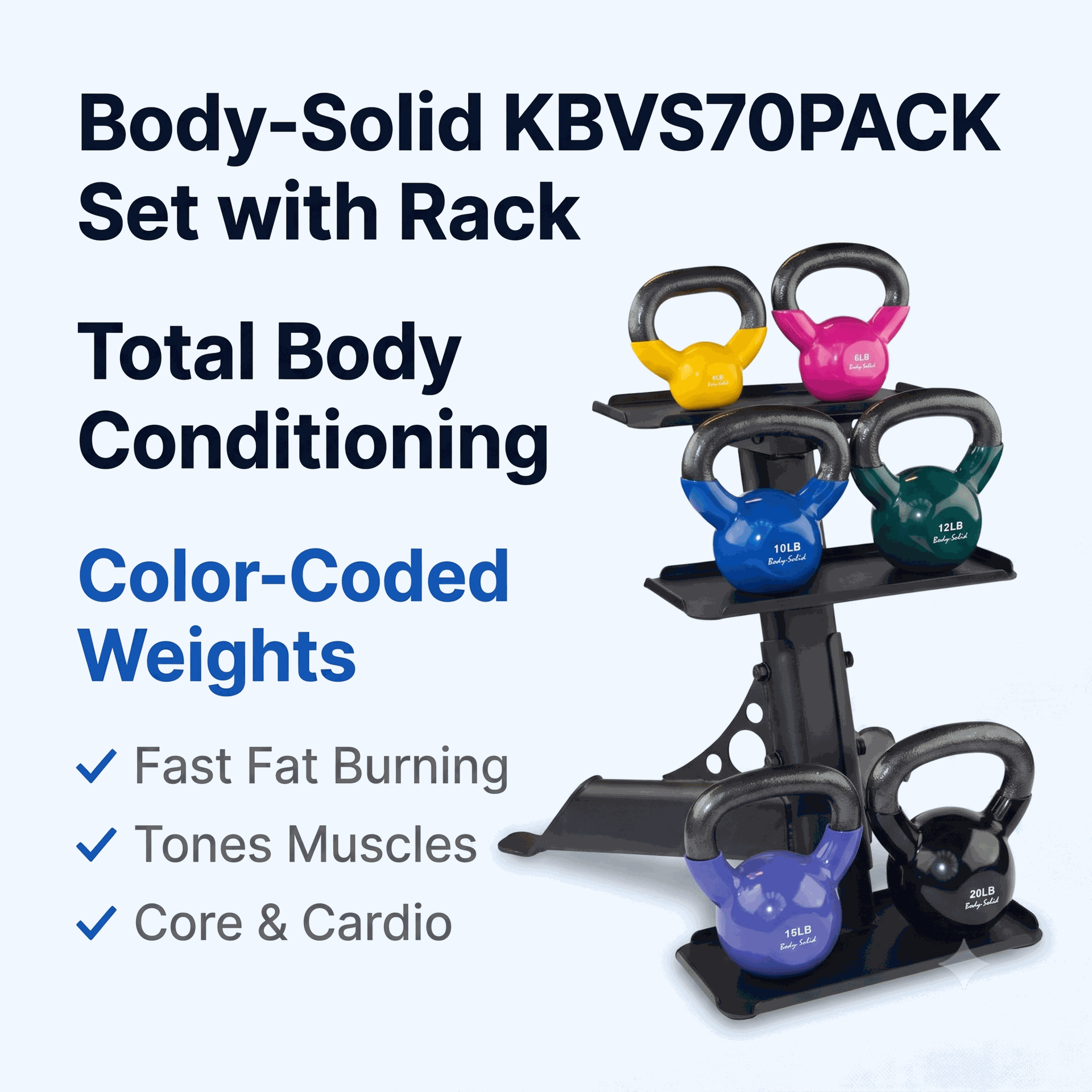 Body-Solid Vinyl Coated Kettle Bells Setwith GDKR50B, (One Each 5,8,10,12,15,20)