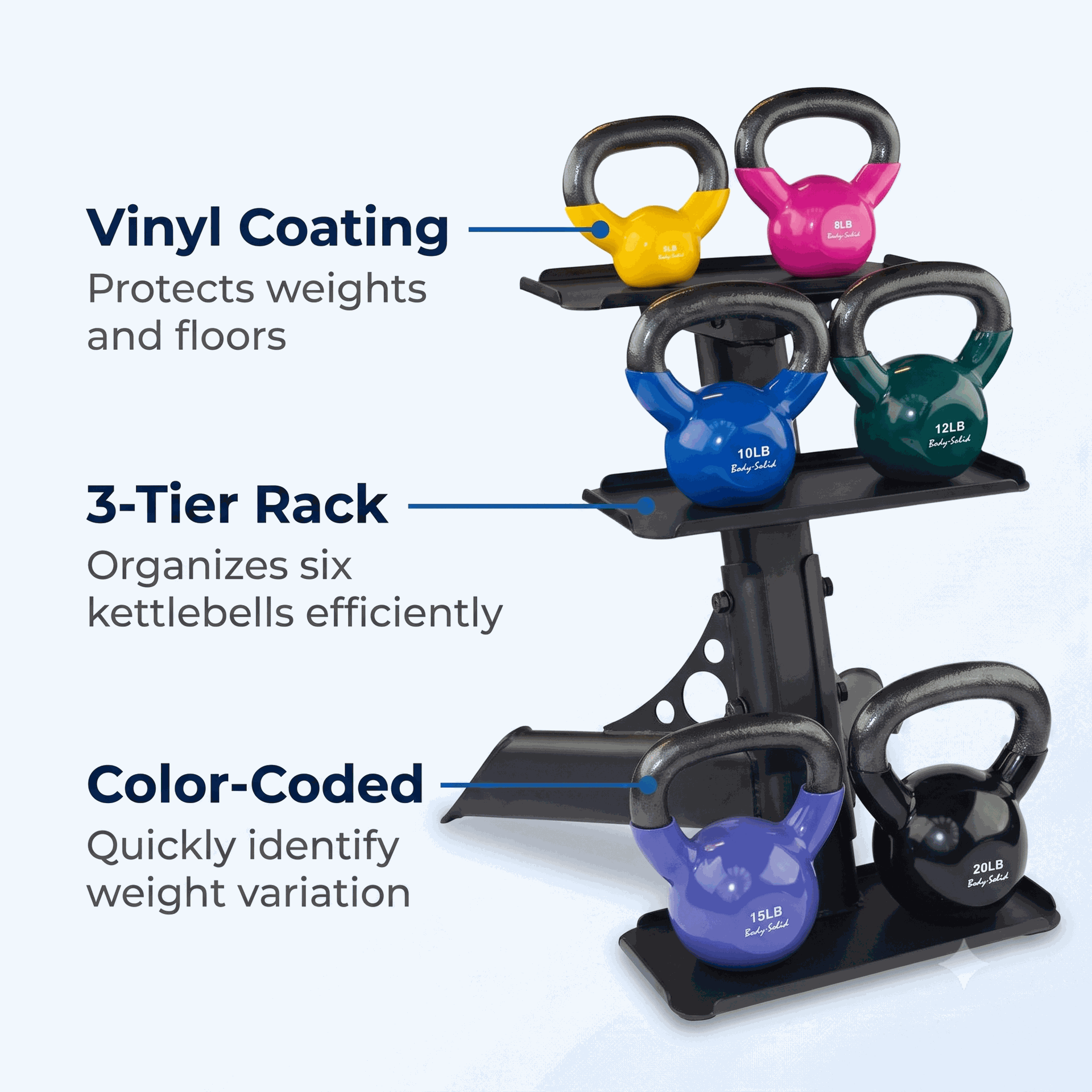 Body-Solid Vinyl Coated Kettle Bells Setwith GDKR50B, (One Each 5,8,10,12,15,20)