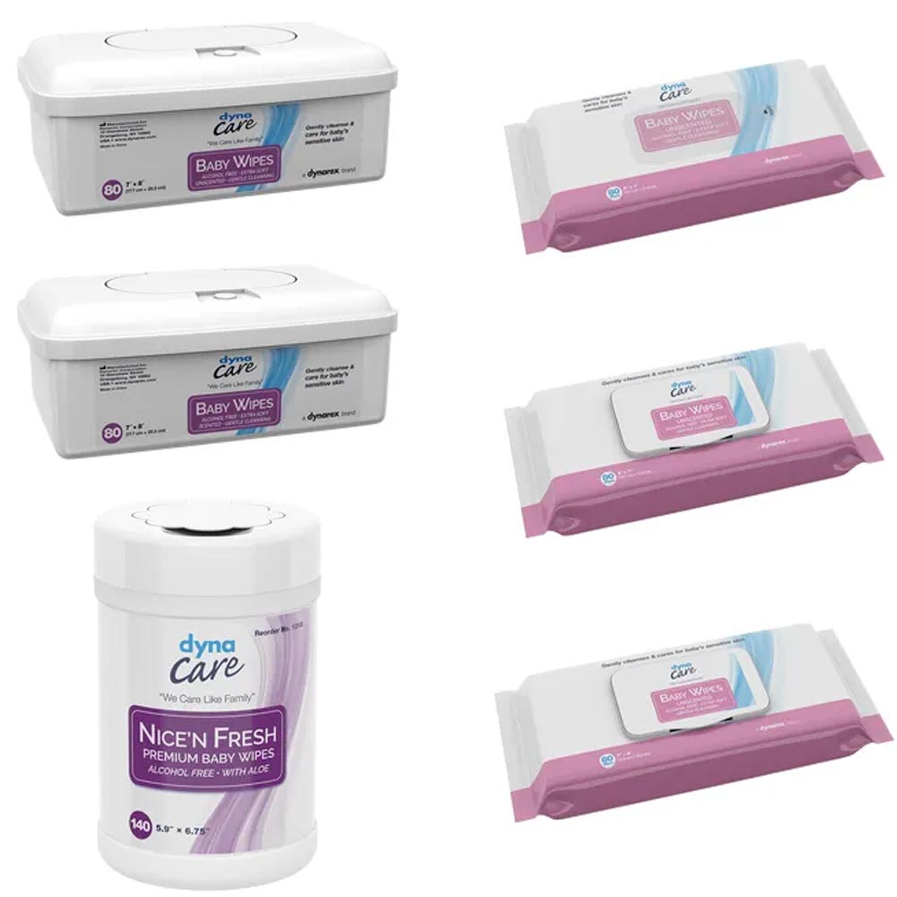 Dynarex Baby Wipes unscented with Plastic Lid 5 x 7 - 24/80/Cs