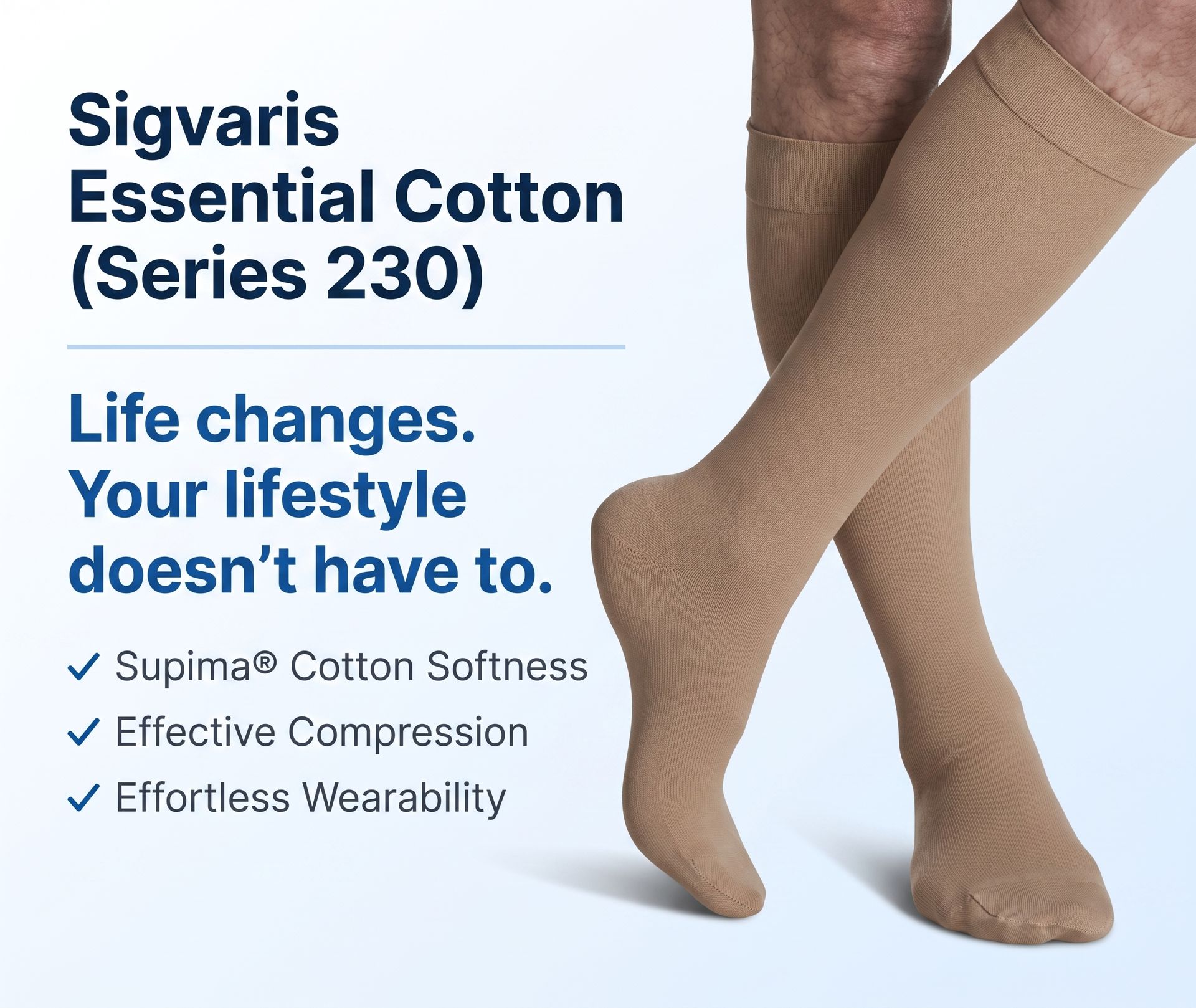 SIGVARIS Men's Essential Cotton 230 Closed Toe Calf-High Compression Socks with Grip-Top, 20-30 mmHg