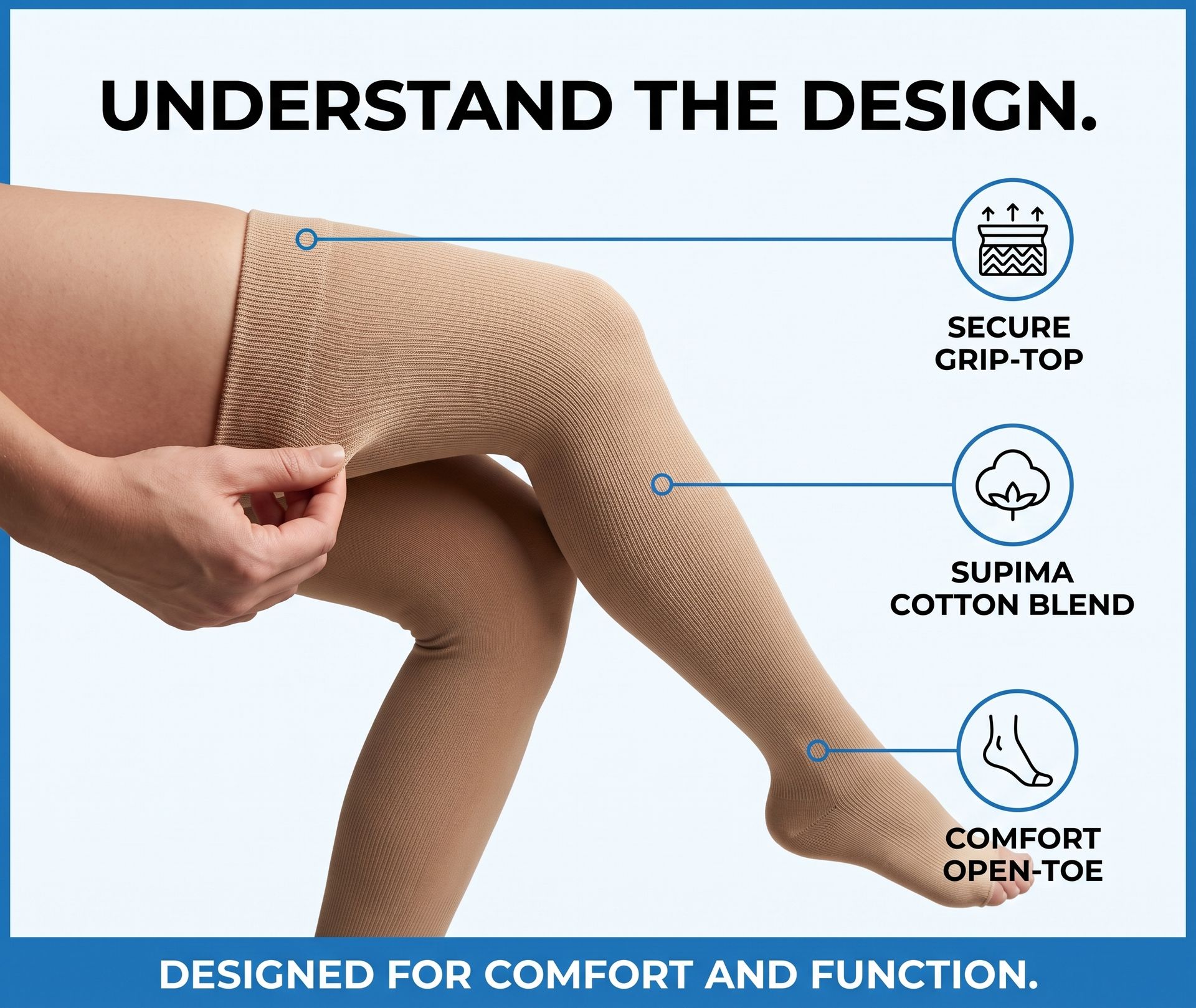 Sigvaris Essential Cotton 232 Open Toe Thigh High w/ Grip-Top 20-30 mmHg - Light Beige
