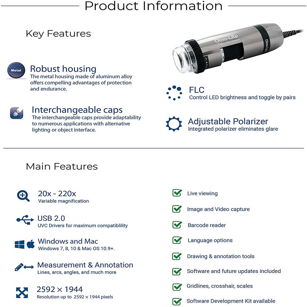 Dino-Lite Edge 5MP USB Digital Microscope 20x - 220x Optical Magnification