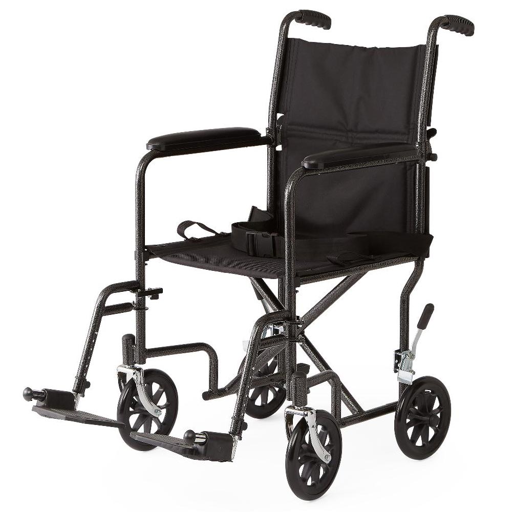 Medline Basic Steel Transport Wheelchair Hammertone 19 inch Wide - Black