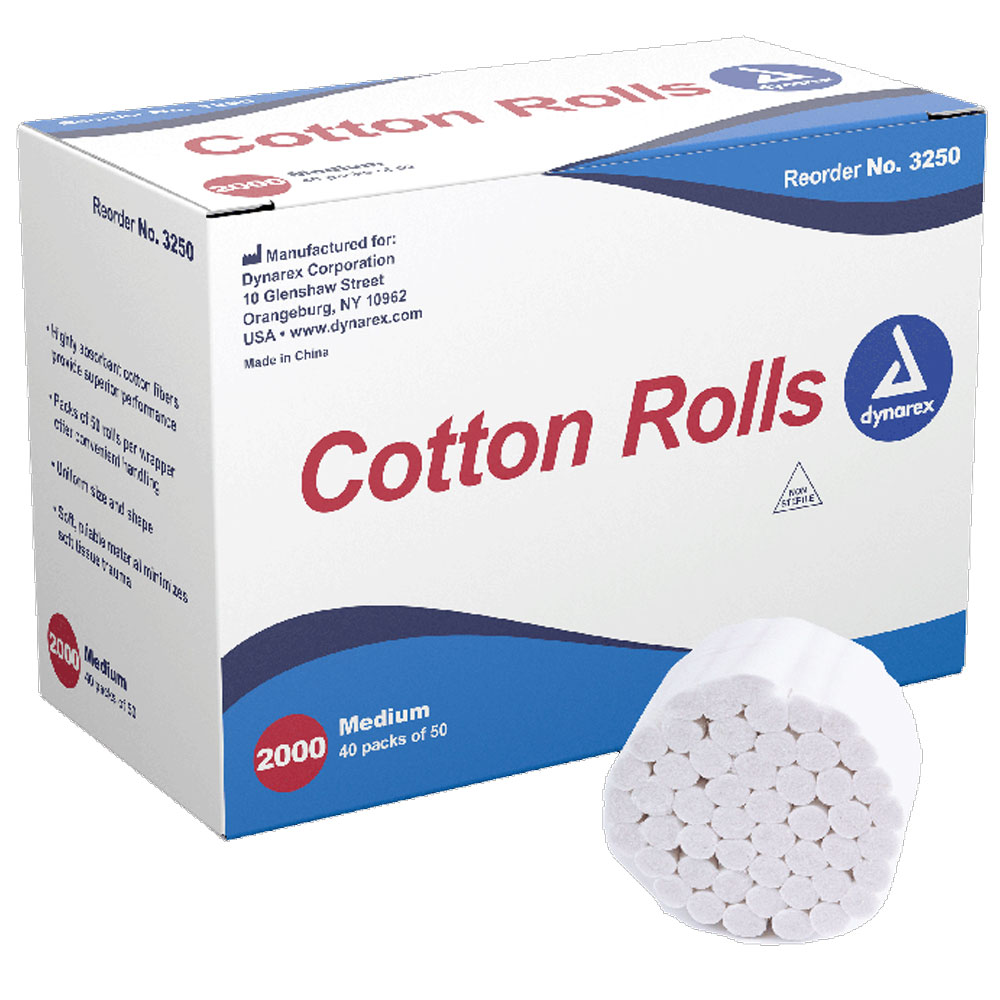 Dynarex Dental Cotton Rolls Non-Sterile #2 Medium – Absorbent, Soft & Reliable for Dental Procedures - (2000/Box)