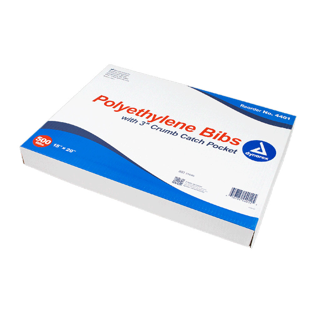 Dynarex Disposable Waterproof Adult Bibs with Crumb Catch Pocket – 3" Deep Catch Tray - (Box of 500)