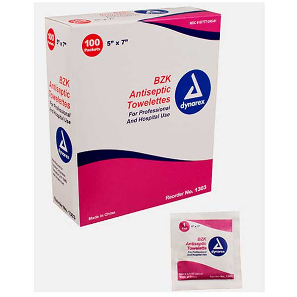 Dynarex BZK Antiseptic Towelettes 5 Inch x 7 Inch 100/Box