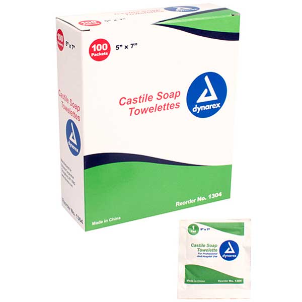  Dynarex Castile Soap Towelettes 5 Inch x 7 Inch 100/Box