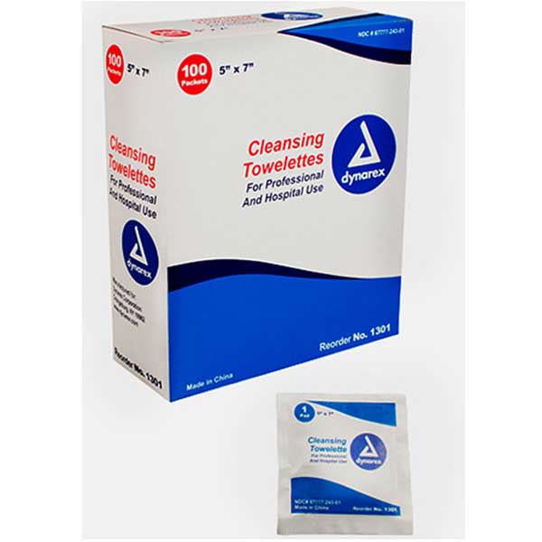Dynarex Cleansing Towelettes 5 Inch x 7 Inch 100/Box