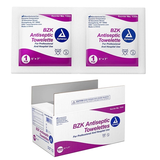 [1331] Dynarex BZK Antiseptic Towelettes 5 Inch x 7 Inch 1000/Case