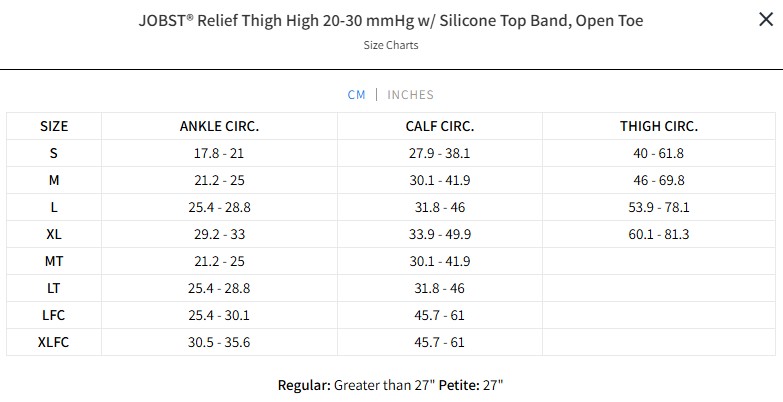 Size Guide - JOBST Relief Thigh High Open Toe 20-30mmHg Compression Stockings with Silicone-Petite