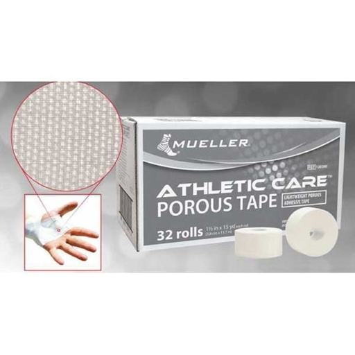 [130399] Mueller Athletic Care Porous Tape 1.5" x 15 Yards – Strong, Breathable Support for Athletes and Injury Prevention (32 Rolls)